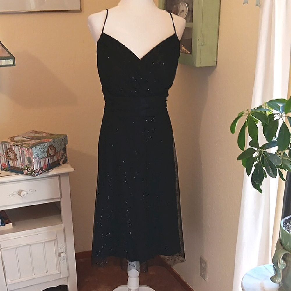 Blu Sage Black Spaghetti Strap Midi Evening Dress. Elegant. Sparkly.
